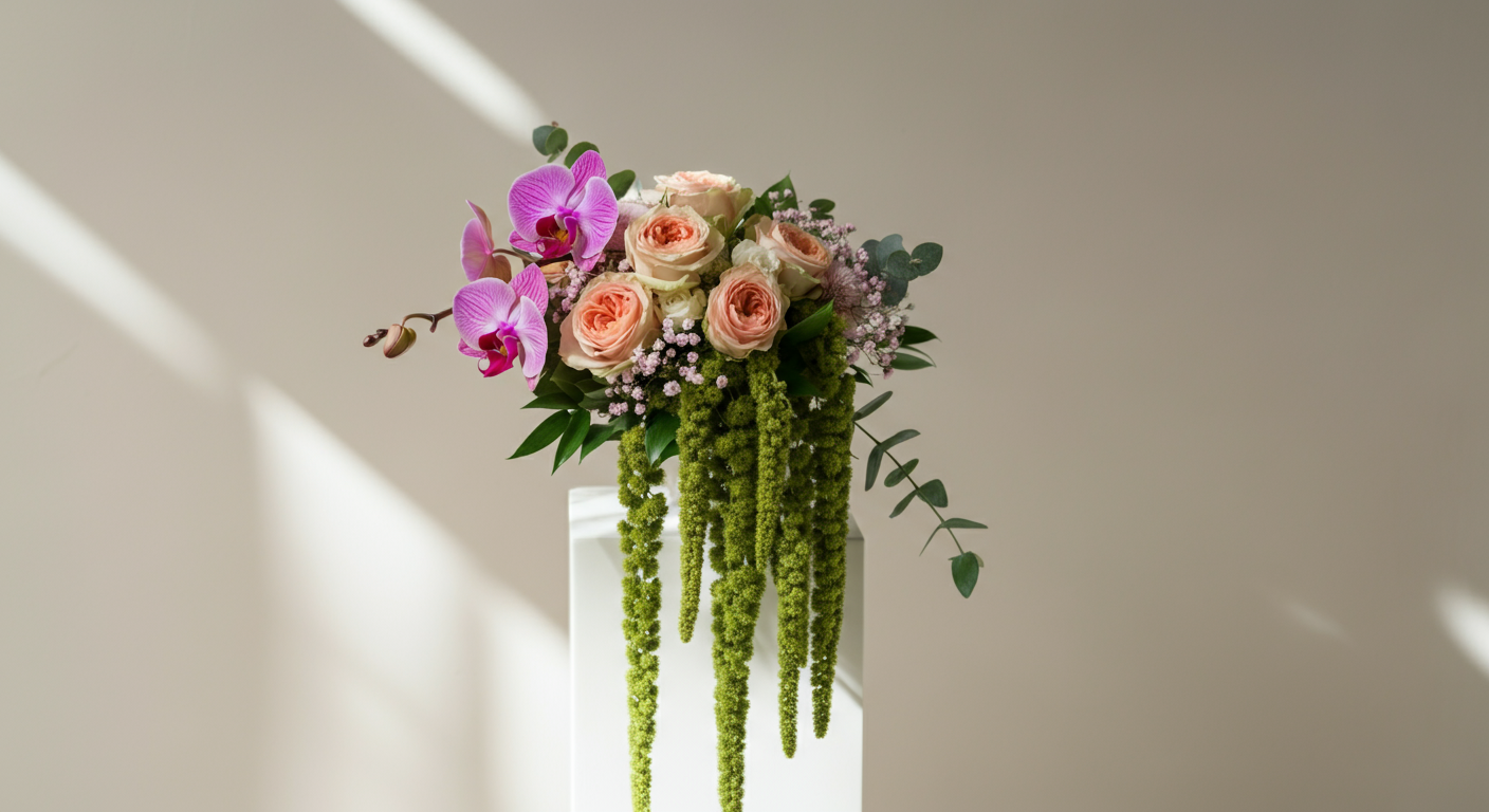 A floral arrangement with pink roses, purple orchids, and green hanging amaranthus in a white vase.