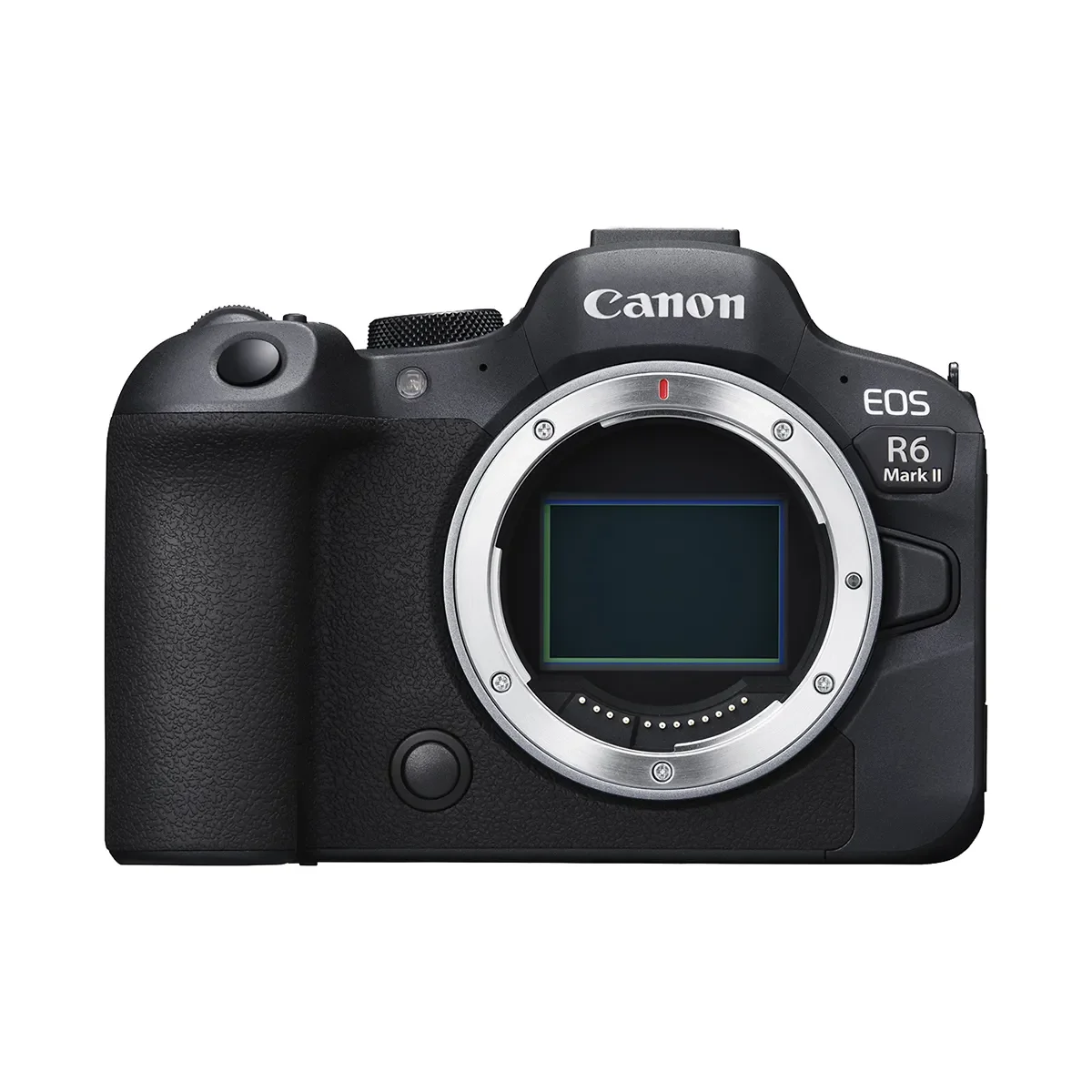 Canon EOS R6 Mark II camera body with lens mount, black textured grip, and digital sensor visible inside the lens mount.