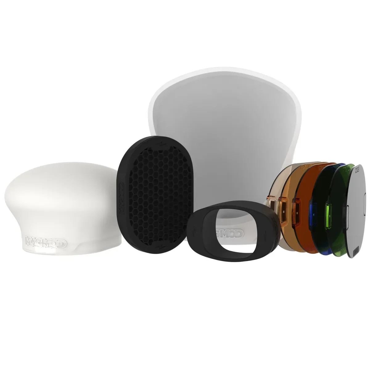 Set of colorful modular accessories with different shapes and sizes, including a white and black piece, in front of a light grey background.