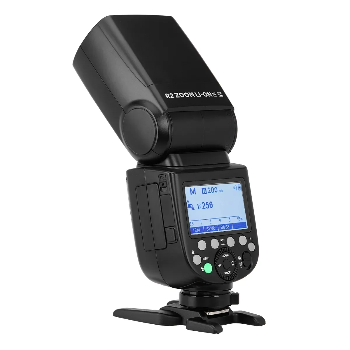 A camera flash with a digital display and control buttons, mounted on a tripod