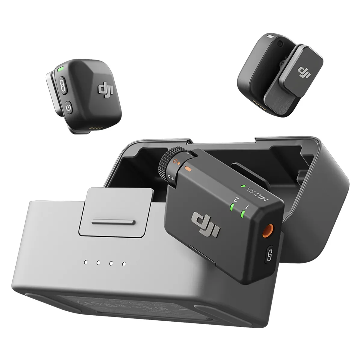 DJI drone accessories including batteries, a charger, and battery case.