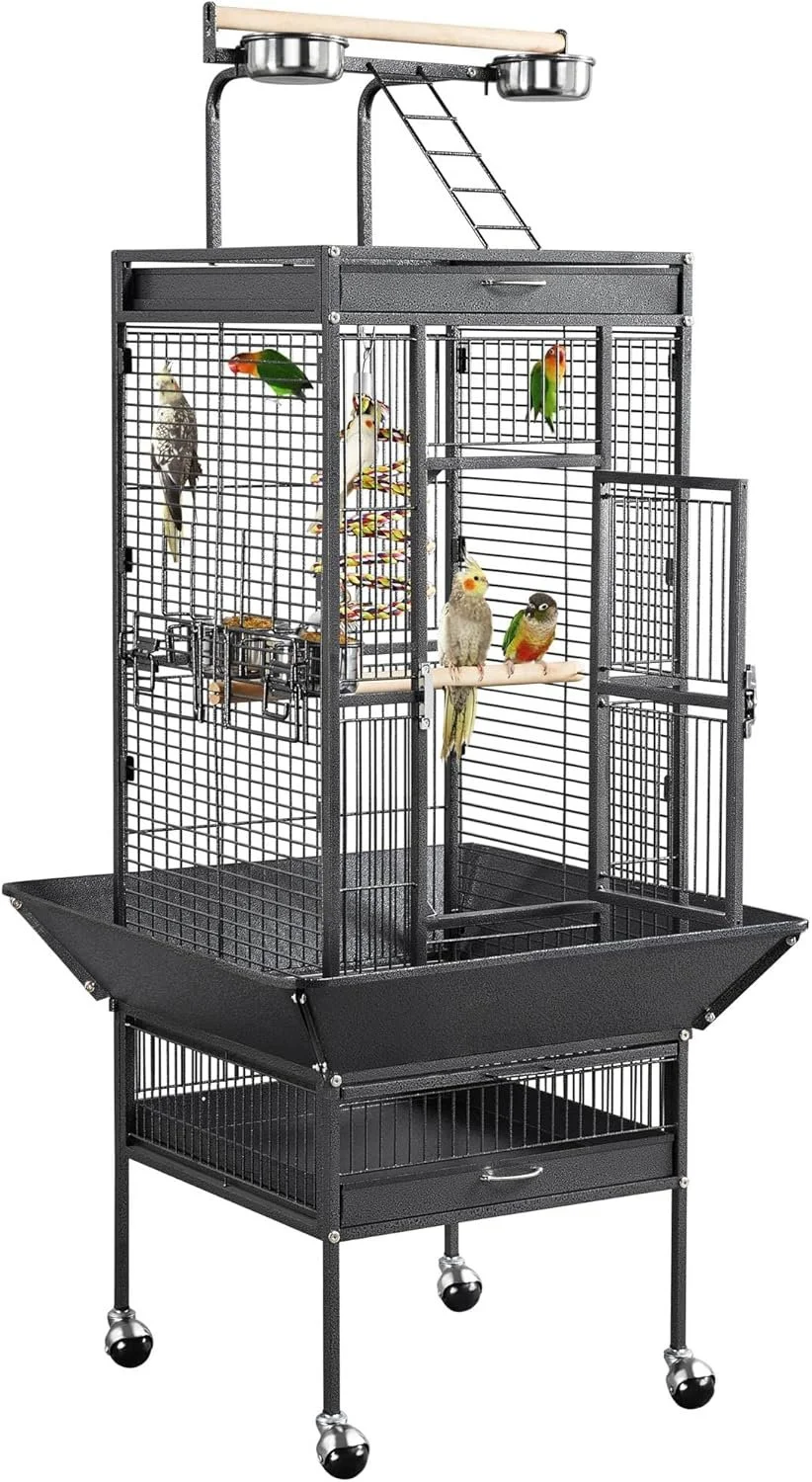Black bird cage with multiple perches, toys, and several colorful birds inside.