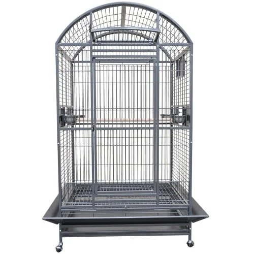 A tall, metal birdcage on wheels with a rounded top, multiple perches, and feeding bowls, set against a white background.