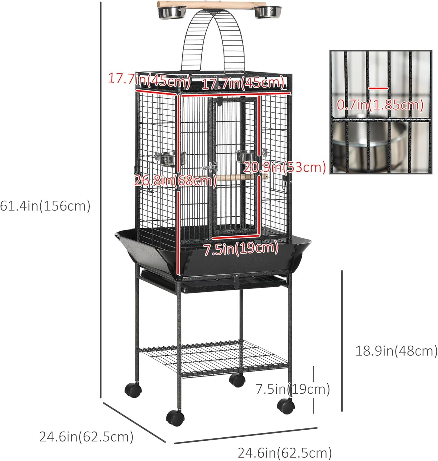 A black metal birdcage with a height of 61.4 inches, width and depth of 24.6 inches, on a stand with a lower wire shelf, four wheels, and an enclosed compartment with a door, featuring metal food and water dishes, and detailed measurements in red.