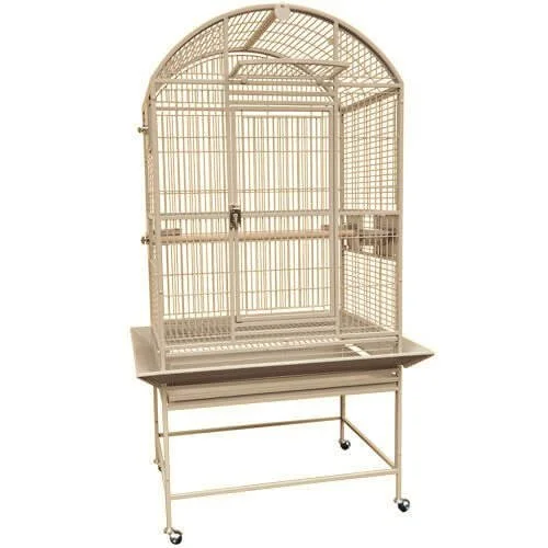 A large white birdcage with a rounded top on a wheeled metal stand