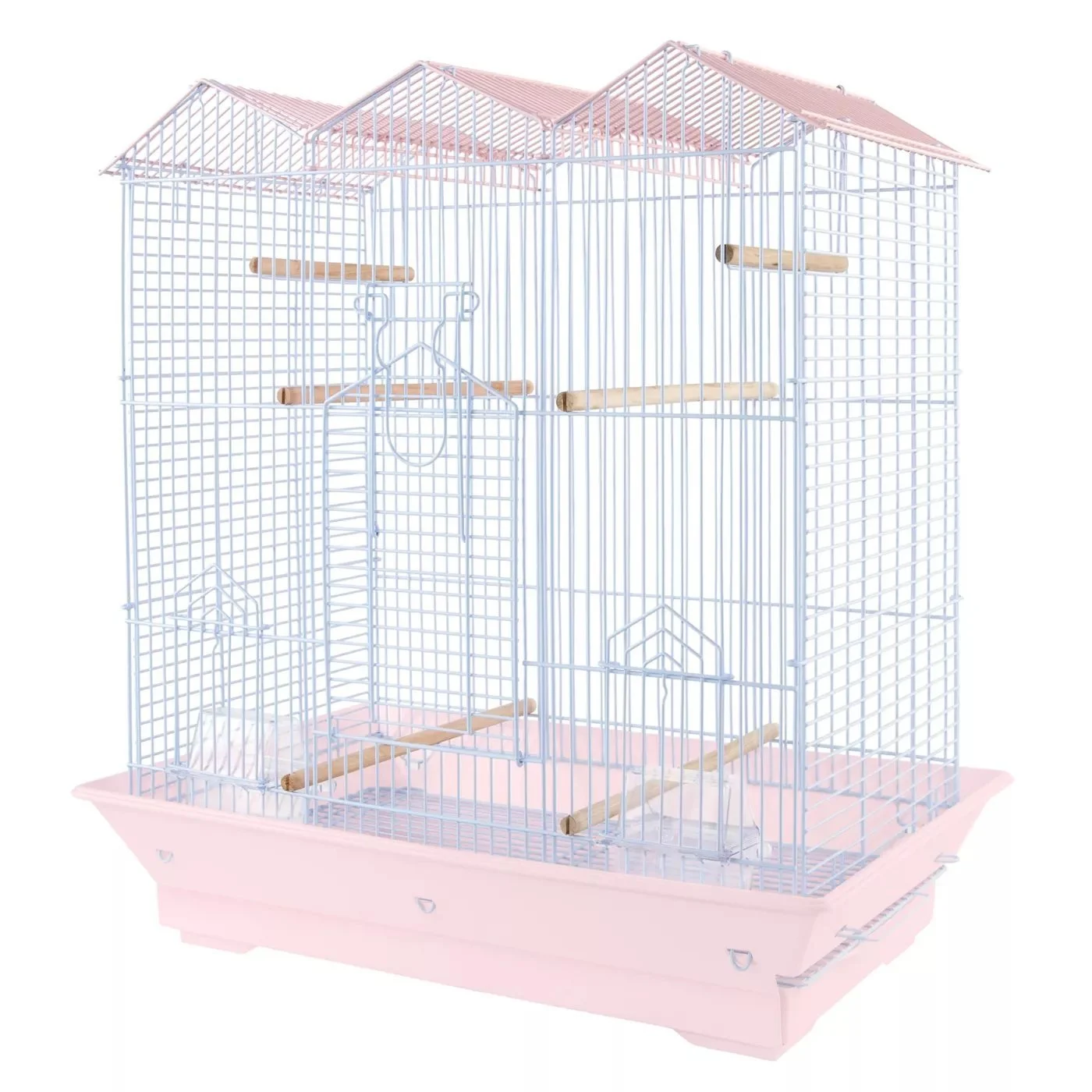 Small pink birdcage with white metal bars and a pink plastic base, featuring multiple perches inside.