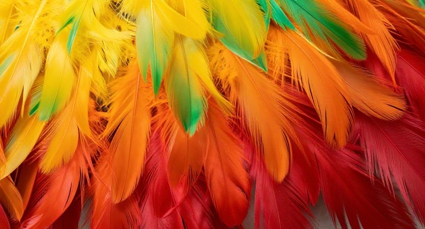 A close-up of colorful feathers arranged in a gradient from yellow to red to green.