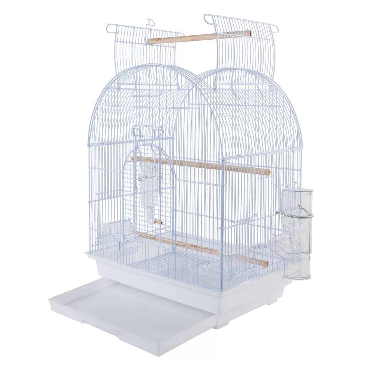 White metal birdcage with two arched sections, wooden perches, clear plastic food containers, and a pull-out tray at the bottom.