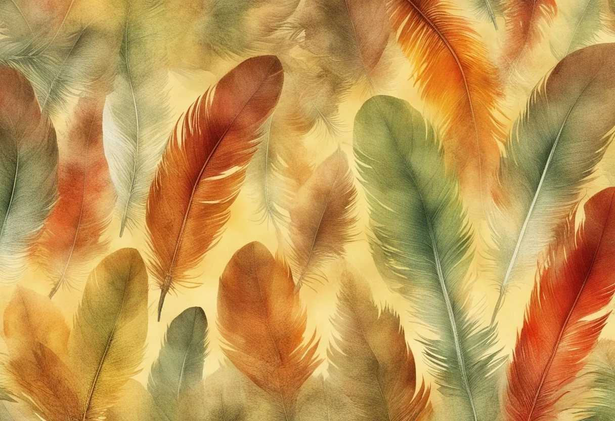 A collection of colorful feathers in shades of orange, green, yellow, and beige, arranged overlappingly with a soft background.