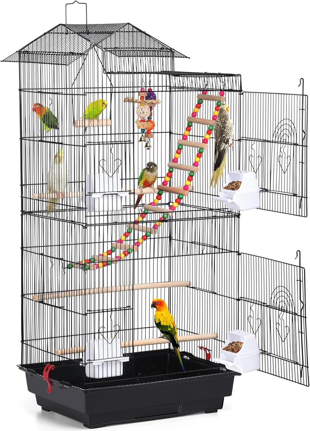 A multi-level birdcage filled with various colorful parrots and finches, equipped with perches, a ladder, toys, and feeding containers.