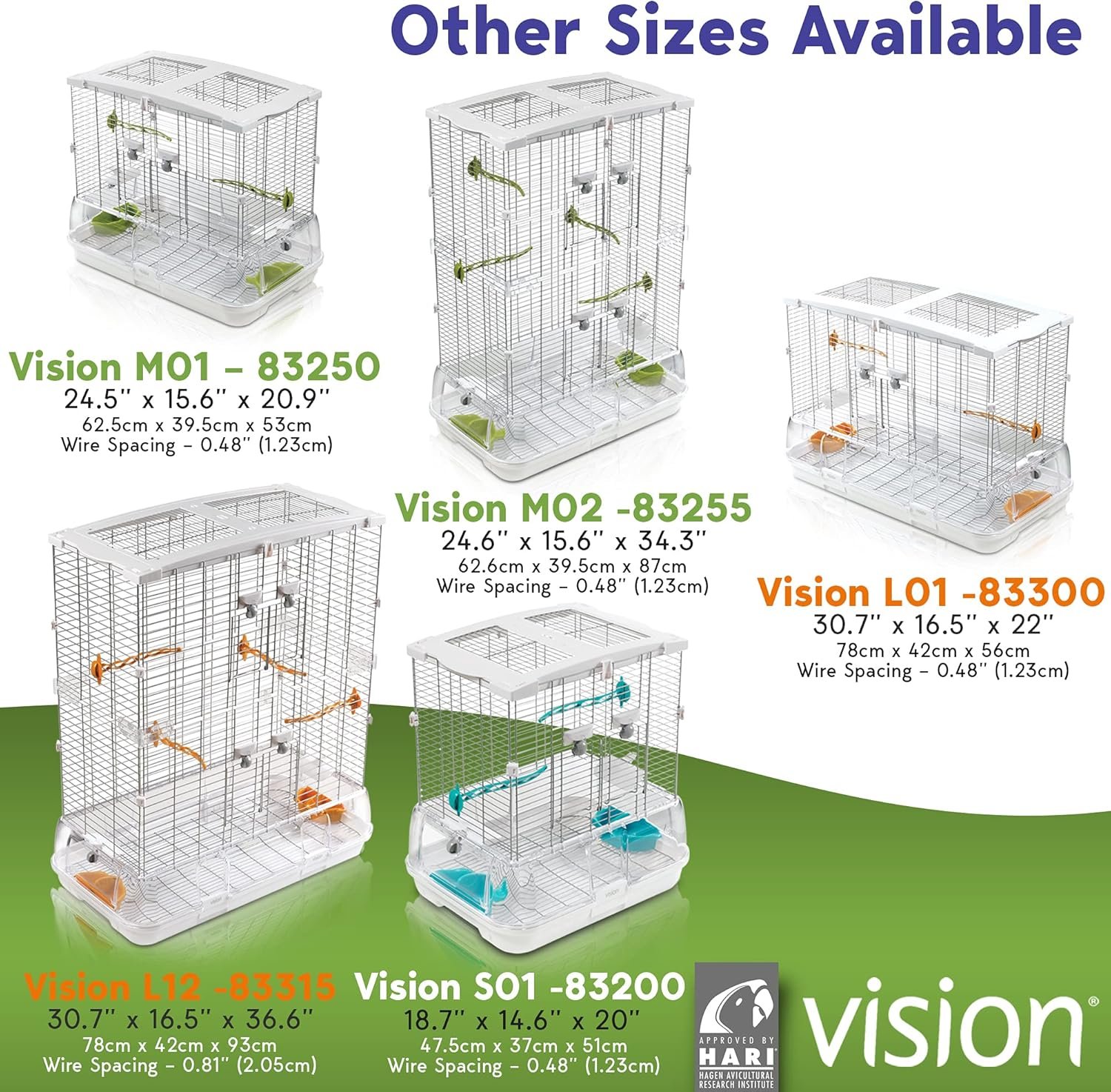 Image showcasing various sizes of bird cages by Vision. Each cage is displayed with dimensions, wire spacing, and different color accessories inside. The sizes include Vision MO1, MO2, L01, L12, and S01, with detailed measurements and features.