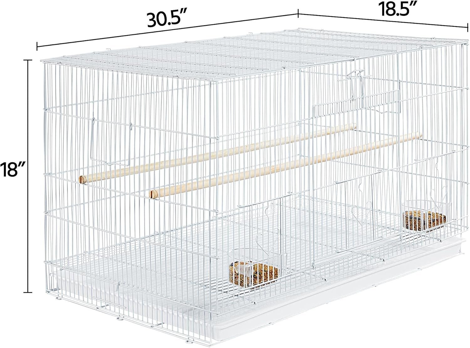 A white birdcage with dimensions, showing a two-tier design with perches, wire floors, and two small containers with bird food.