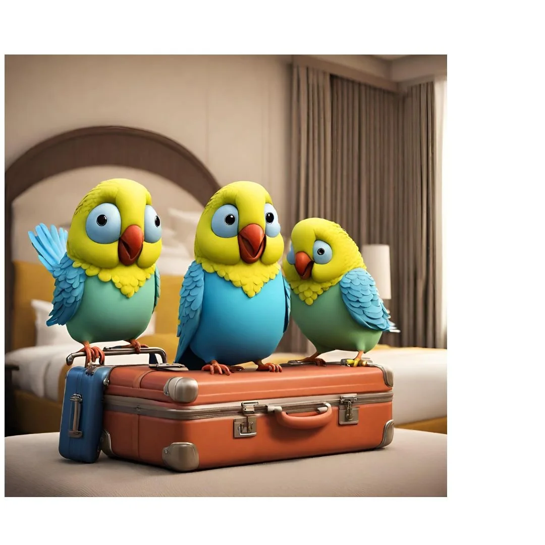 Three animated parrots with yellow heads and blue bodies sitting on a suitcase in a hotel room.