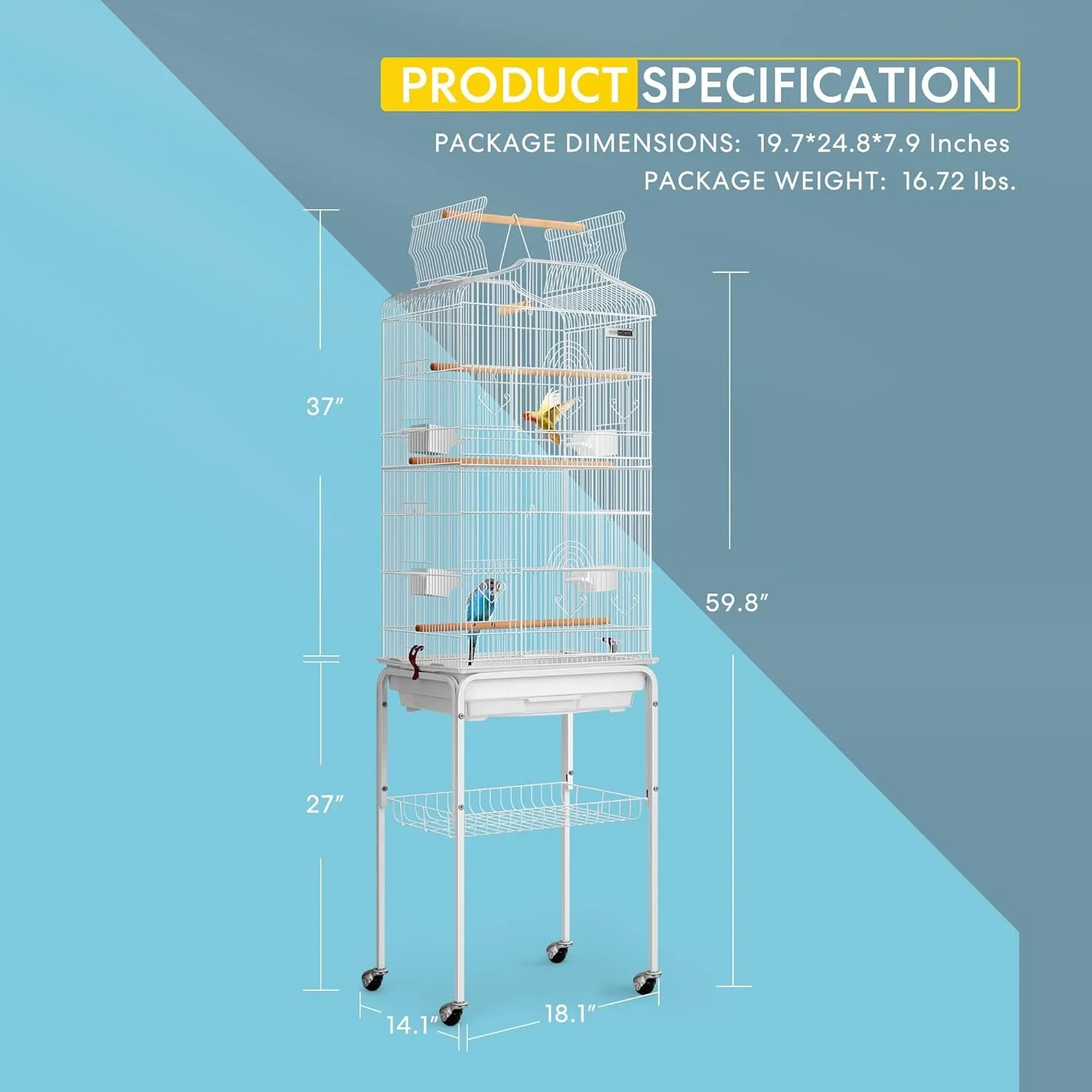 Diagram of a tall birdcage with a stand, featuring multiple perches, feeding dishes, and two birds inside. The cage has detailed dimensions and weight listed, with a blue background.