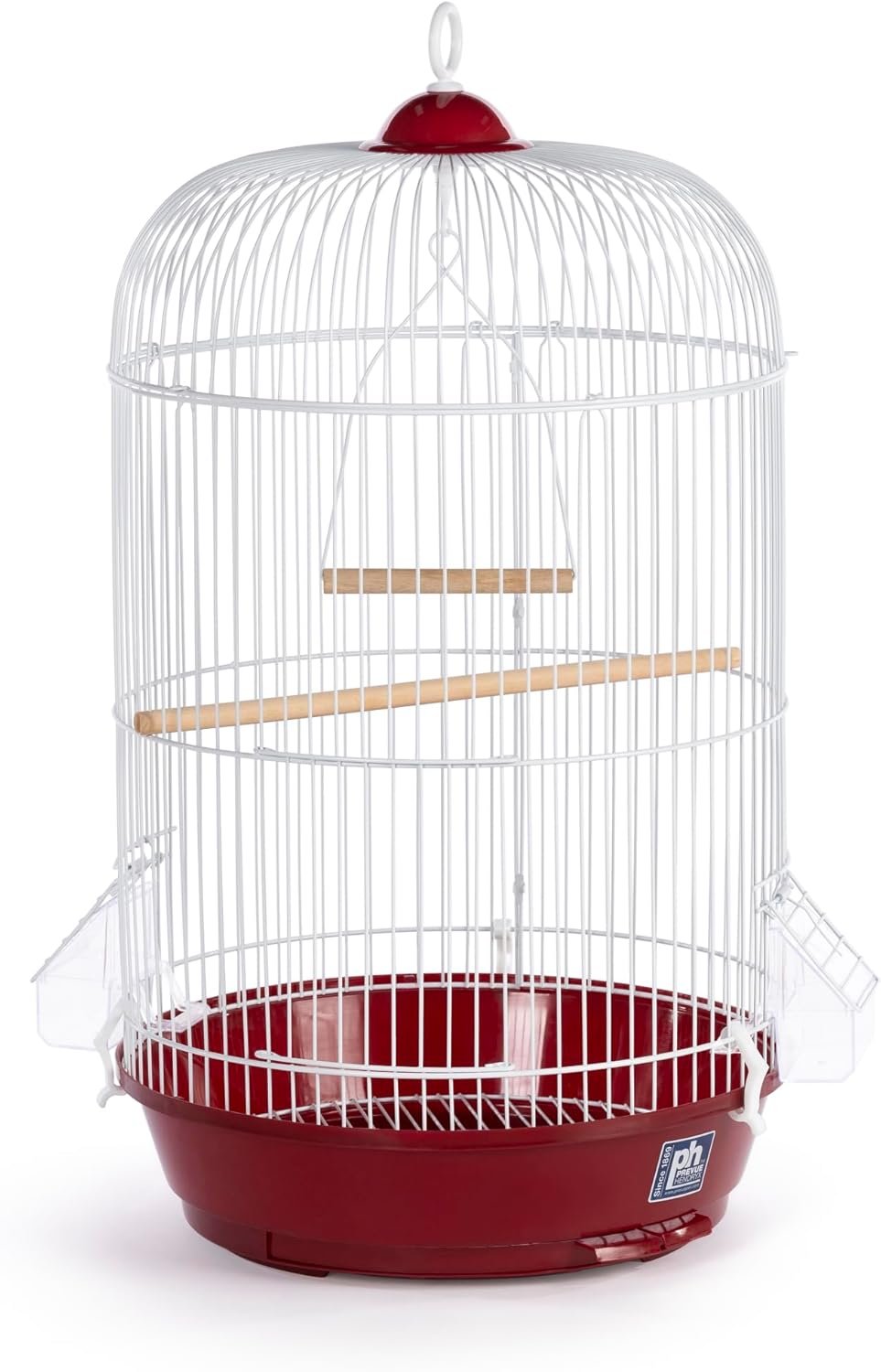A white birdcage with a red base and a red top nut, featuring two wooden perches inside, against a white background.