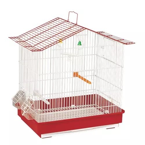 A multi-level birdcage with a red base, white bars, and a wire roof.