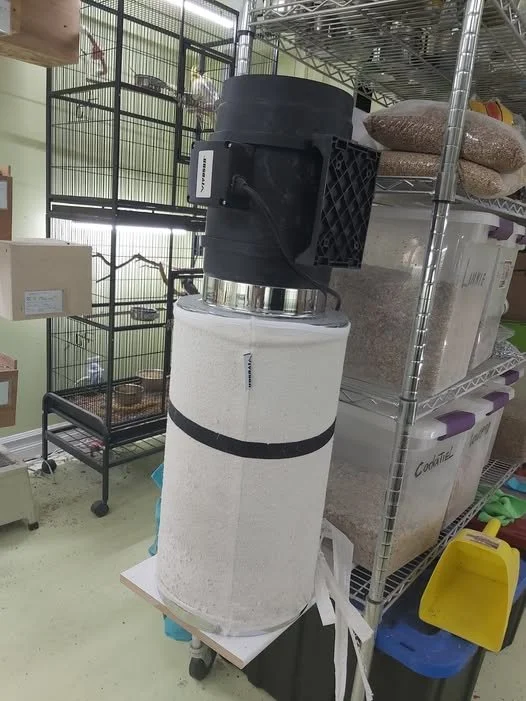 A black water filter attached to a white box with a black strap, placed on a wheeled cart in a room with metal shelving and storage containers.