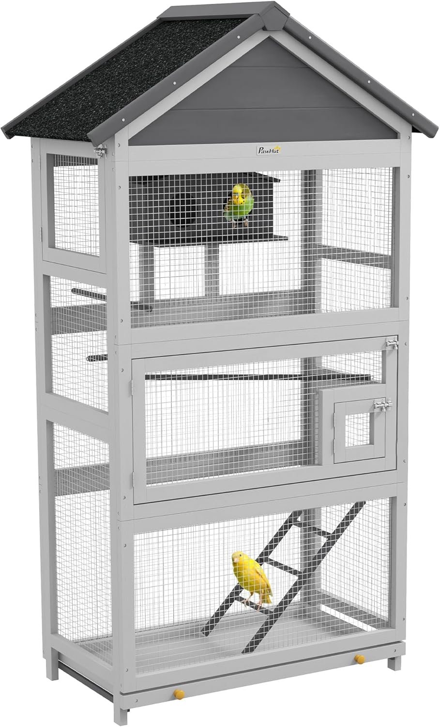 A multi-level bird cage with a peaked roof, containing two yellow and green parrots, one on a perch inside and one on a small wooden ladder at the bottom.