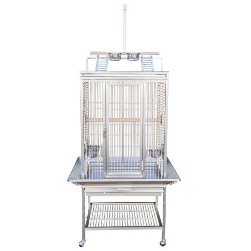 A white birdcage with a metal stand and a tray at the bottom, featuring two food or water bowls on top.