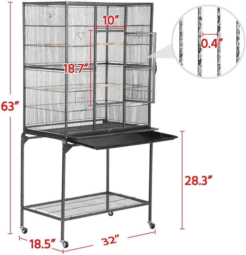 A black metal cage with adjustable shelves measuring 10 inches deep, 18.7 inches tall, and 63 inches high, with a 0.4-inch thick wire grid. Attached is a black work surface and a lower wire shelf, all on casters for mobility.