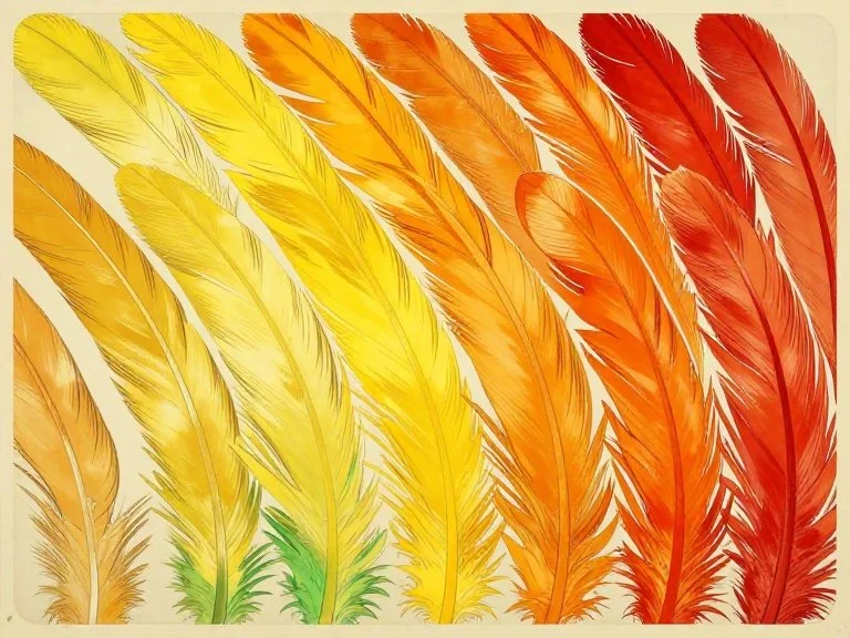 Colorful feathers arranged in a gradient from yellow to red.