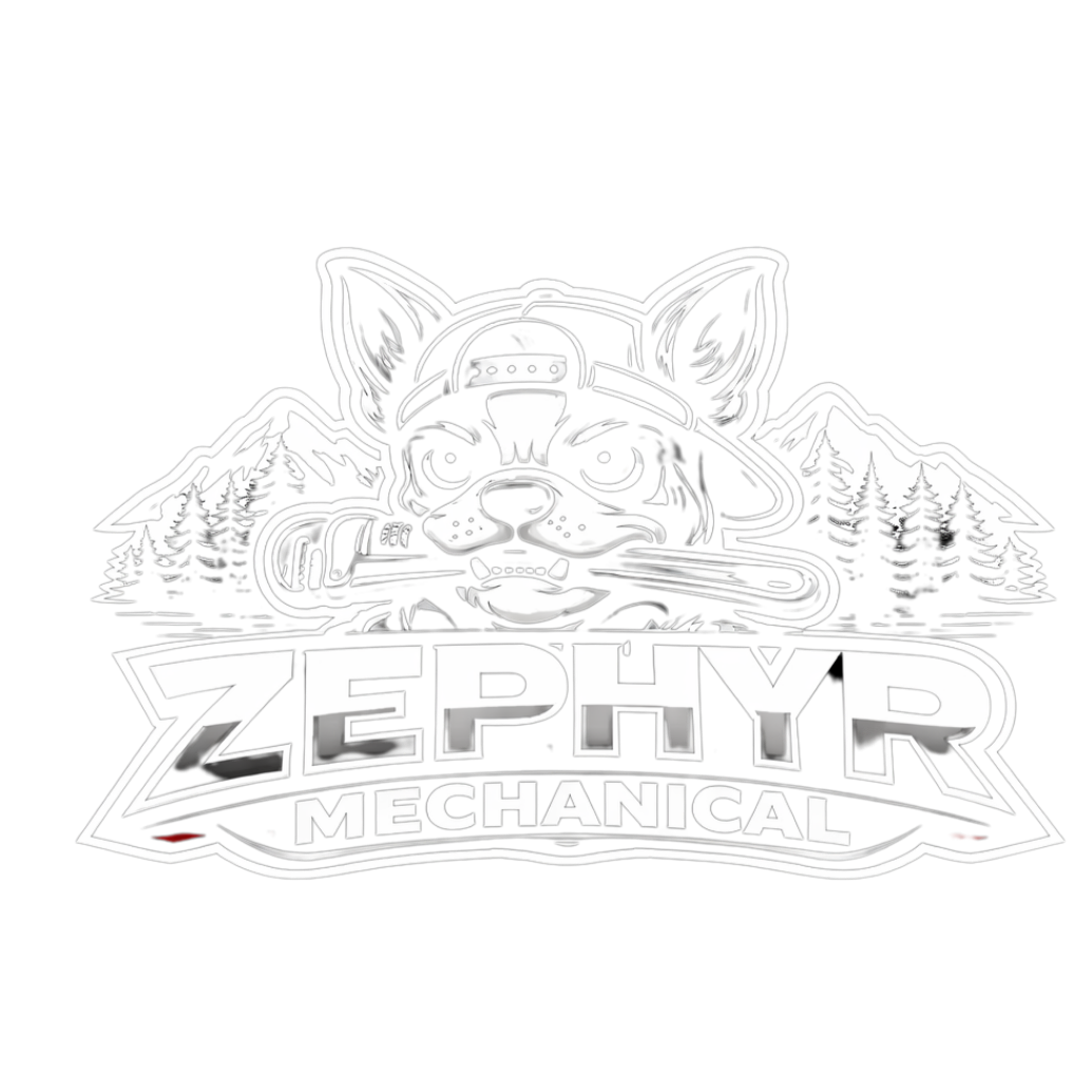 A mechanical-themed logo featuring a dog with a cap holding a wrench in its mouth, set against a backdrop of mountains and pine trees, with the text "Zephyr Mechanical."
