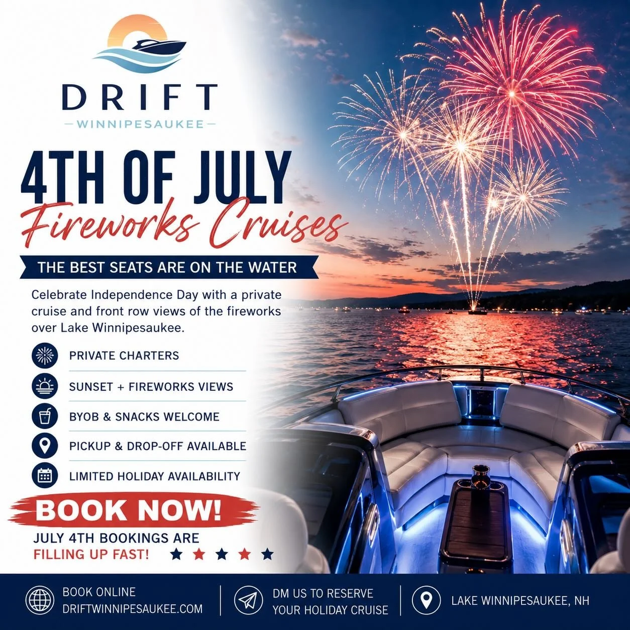 Private fireworks cruises available from 7 pm-11 pm on Friday, July 3rd in Alton Bay and Saturday, July 4th in Wolfeboro.  Grilling packages available, DM us for more info!
