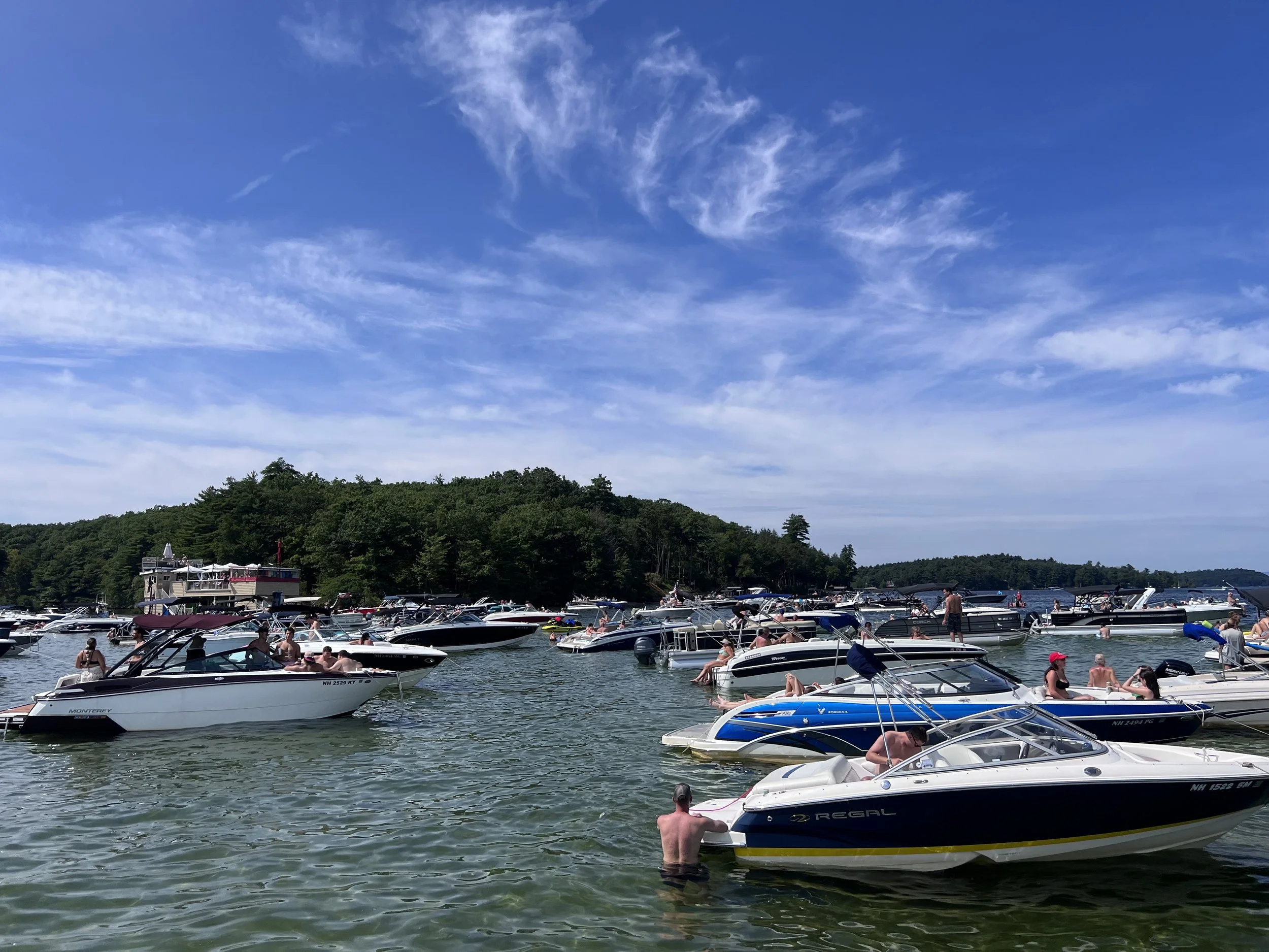 A marina with numerous boats and people enjoying a sunny day on the water, with a forested shoreline in the background and a blue sky with some clouds overhead.