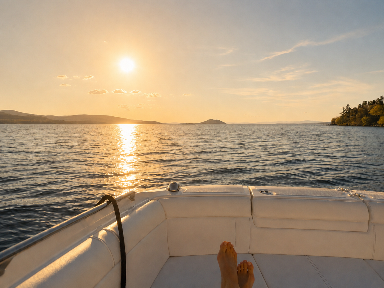 View from a boat showing a sunset over a lake with distant hills, a person’s feet in the foreground, and calm water reflecting the sunlight.