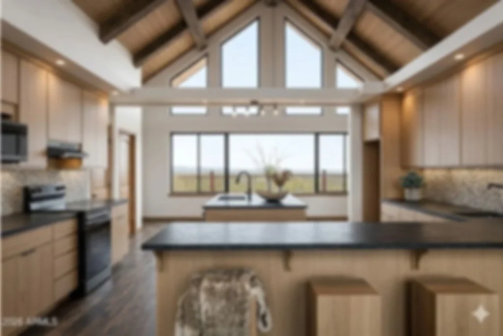 A modern kitchen with a vaulted ceiling, wood cabinets, and a black countertop island with two stools. Large windows overlook a field outside, and a vase with flowers is on the island.