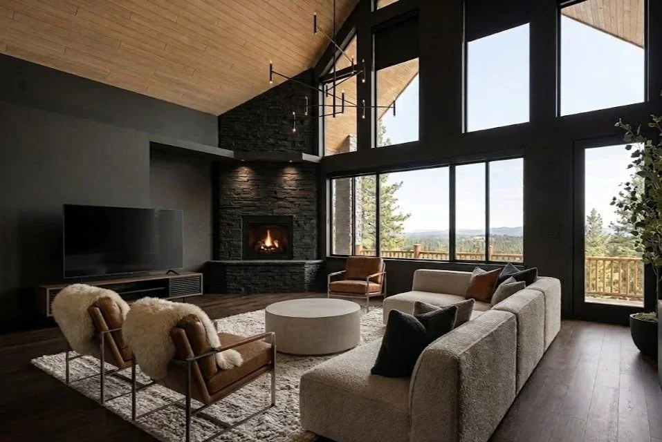 Modern living room with large windows, a stone fireplace, a TV, and contemporary furniture.