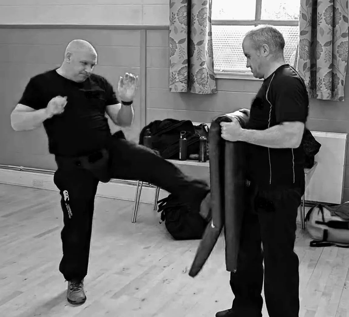 Two men practicing martial arts in a room; one is performing a high kick while the other holds a padded shield.