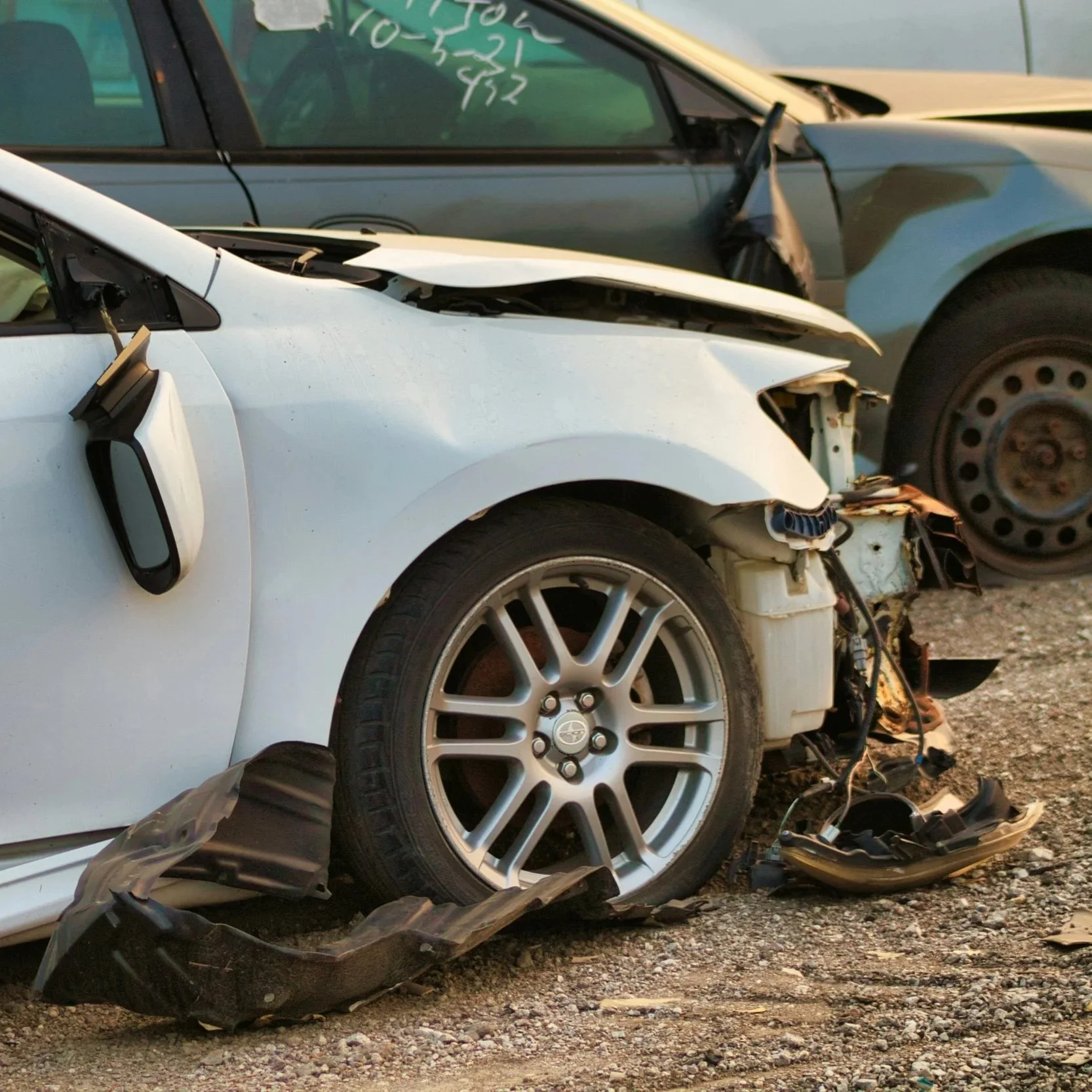 A white car with front-end damage and broken parts, including a dislodged front bumper and exposed engine components, parked on a gravel surface.