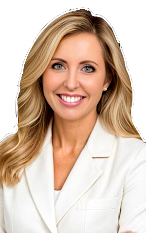 A smiling blonde woman in a white professional blazer against a black background.