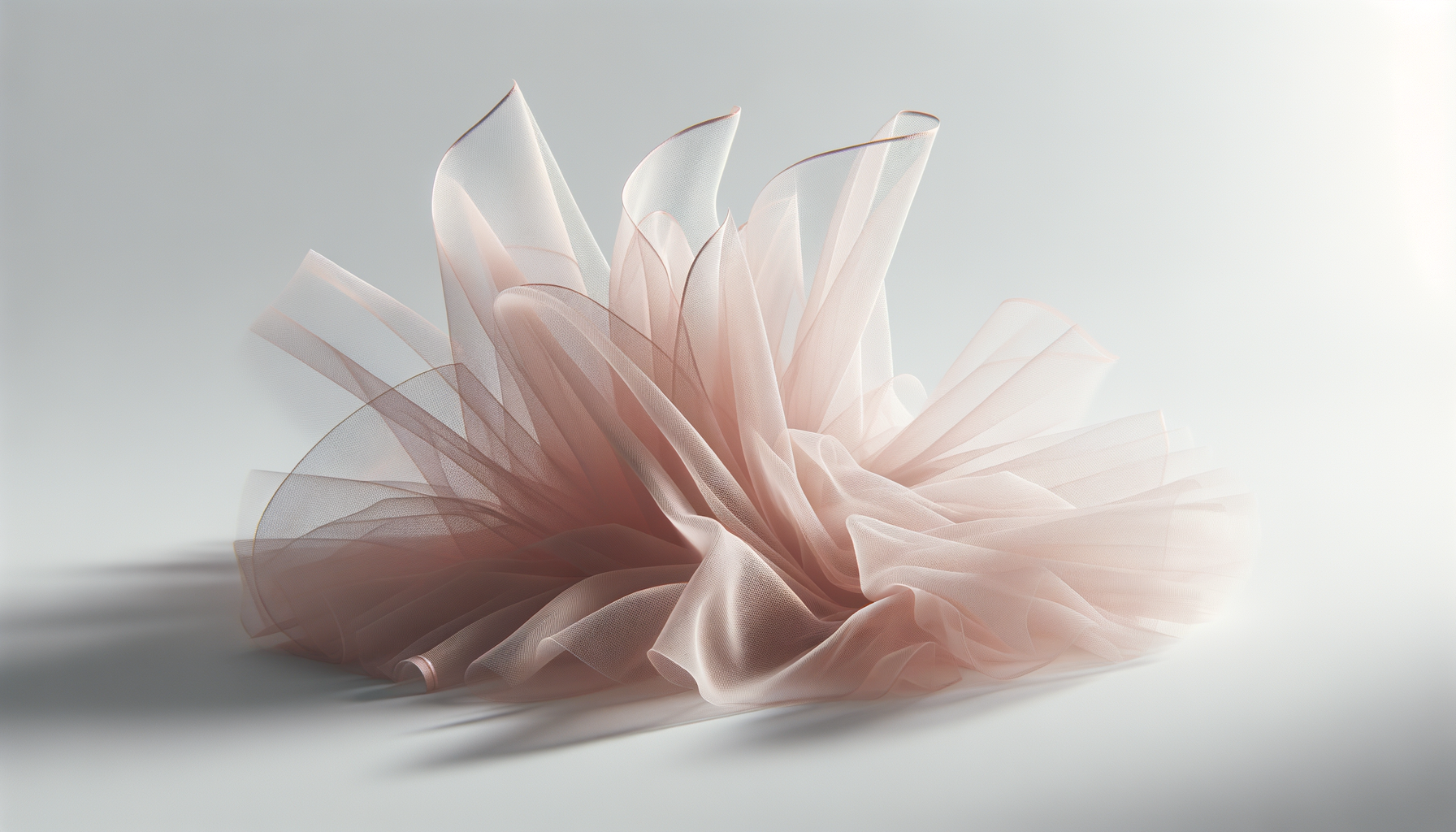 Soft pink and beige translucent fabric arranged in a delicate, abstract floral pattern on a light background.