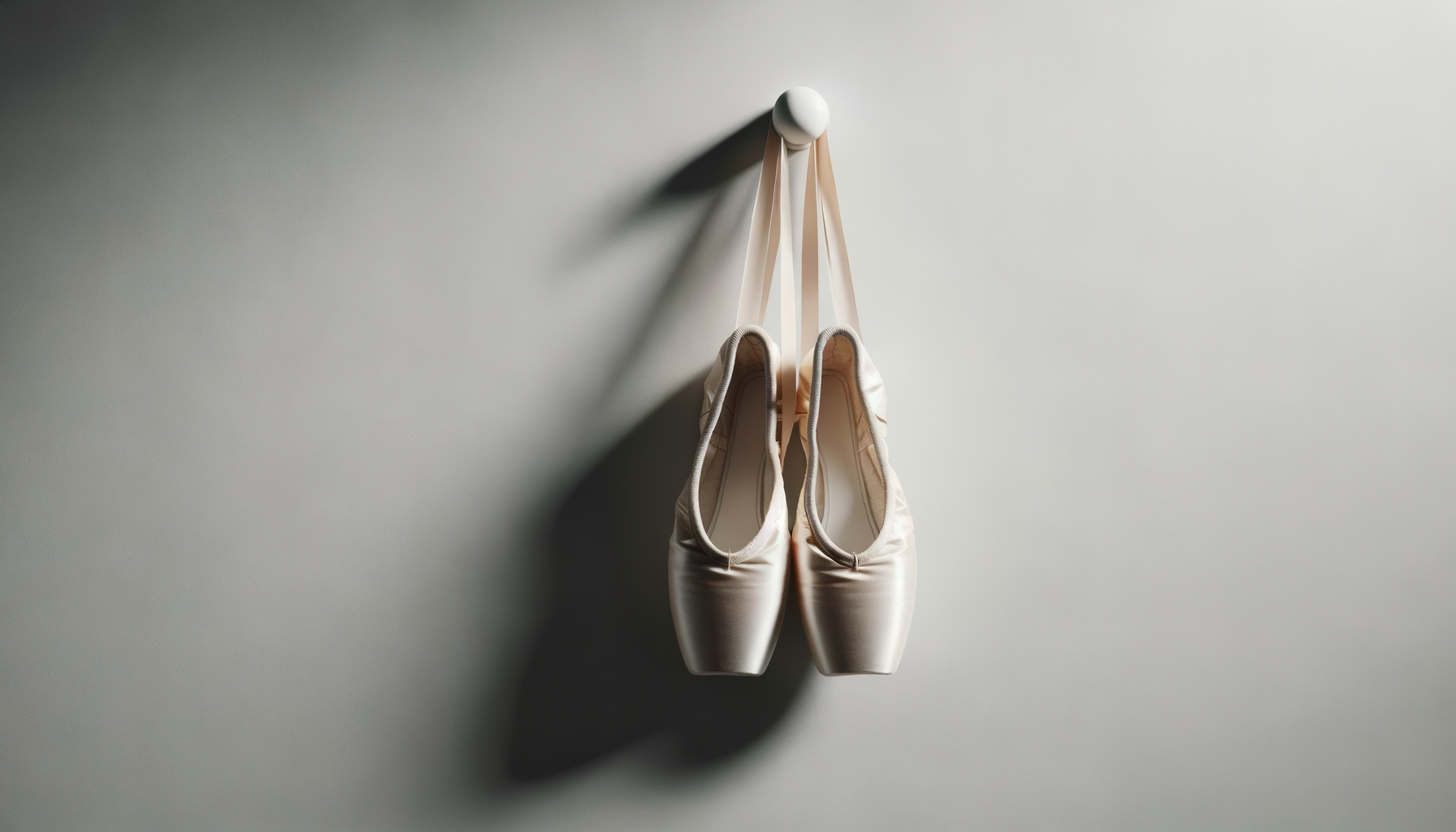 Ballet pointe shoes hanging on a wall hook with a shadow cast on the wall.