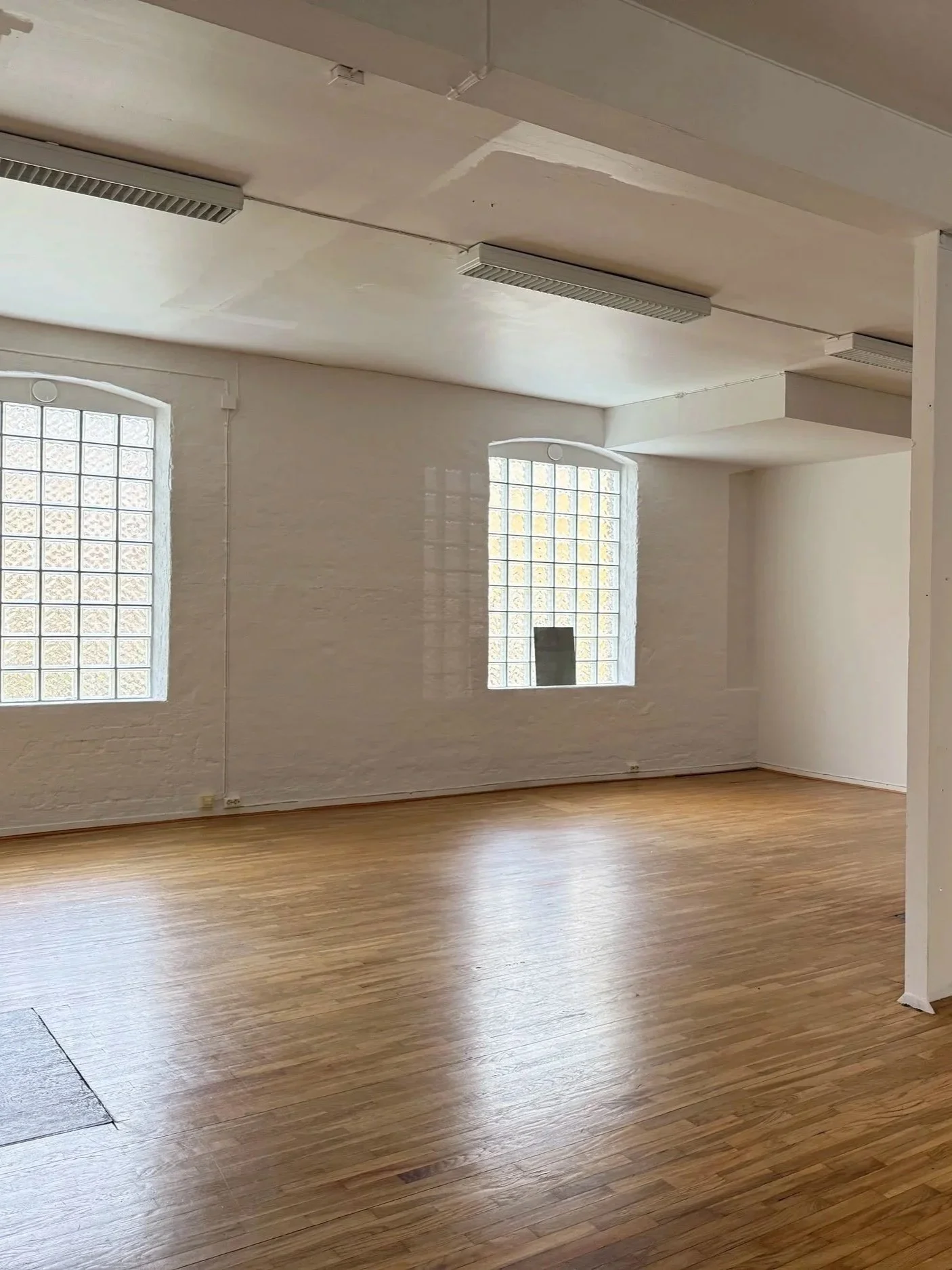 Empty room with wood flooring, white brick walls, two large windows with glass blocks, and fluorescent lights on the ceiling.