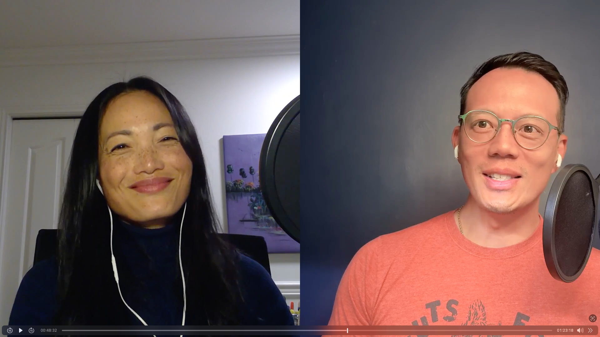 A woman with dark hair and a smile, wearing earphones, on the left side of the screen. A man with glasses, short hair, and a reddish T-shirt, speaking into a microphone, on the right side of the screen. They appear to be in a virtual video call.