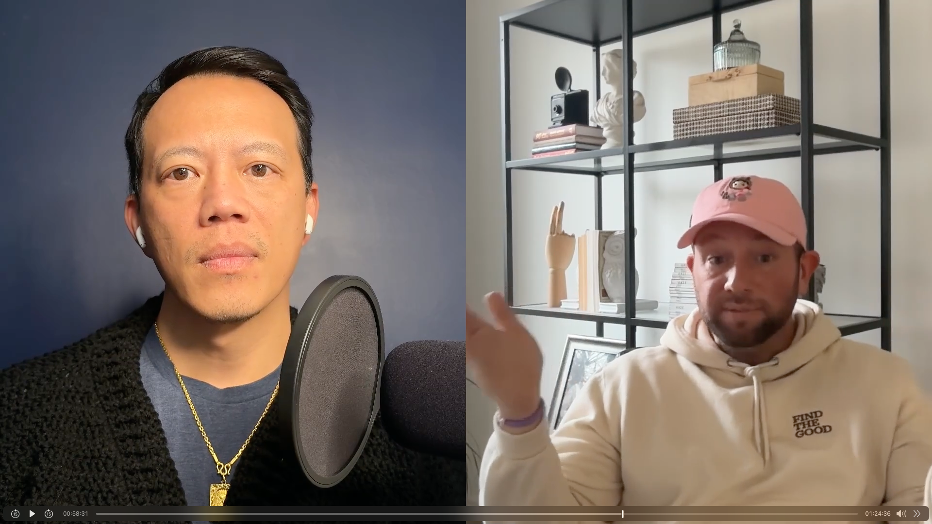 Two men having a virtual conversation; the man on the left has short dark hair, light skin, and is wearing AirPods, a black sweater, a gold chain, and a gold pendant; the man on the right has a beard, light skin, and is wearing a pink cap with a graphic, a white hoodie with text, and is gesturing with his hand in front of a bookshelf with decorative items.