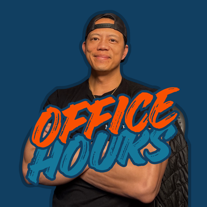 A man standing with his arms crossed, wearing a black t-shirt and a black cap backwards, with a blue background and the words 'Office Hours' in large, colorful text over his chest.
