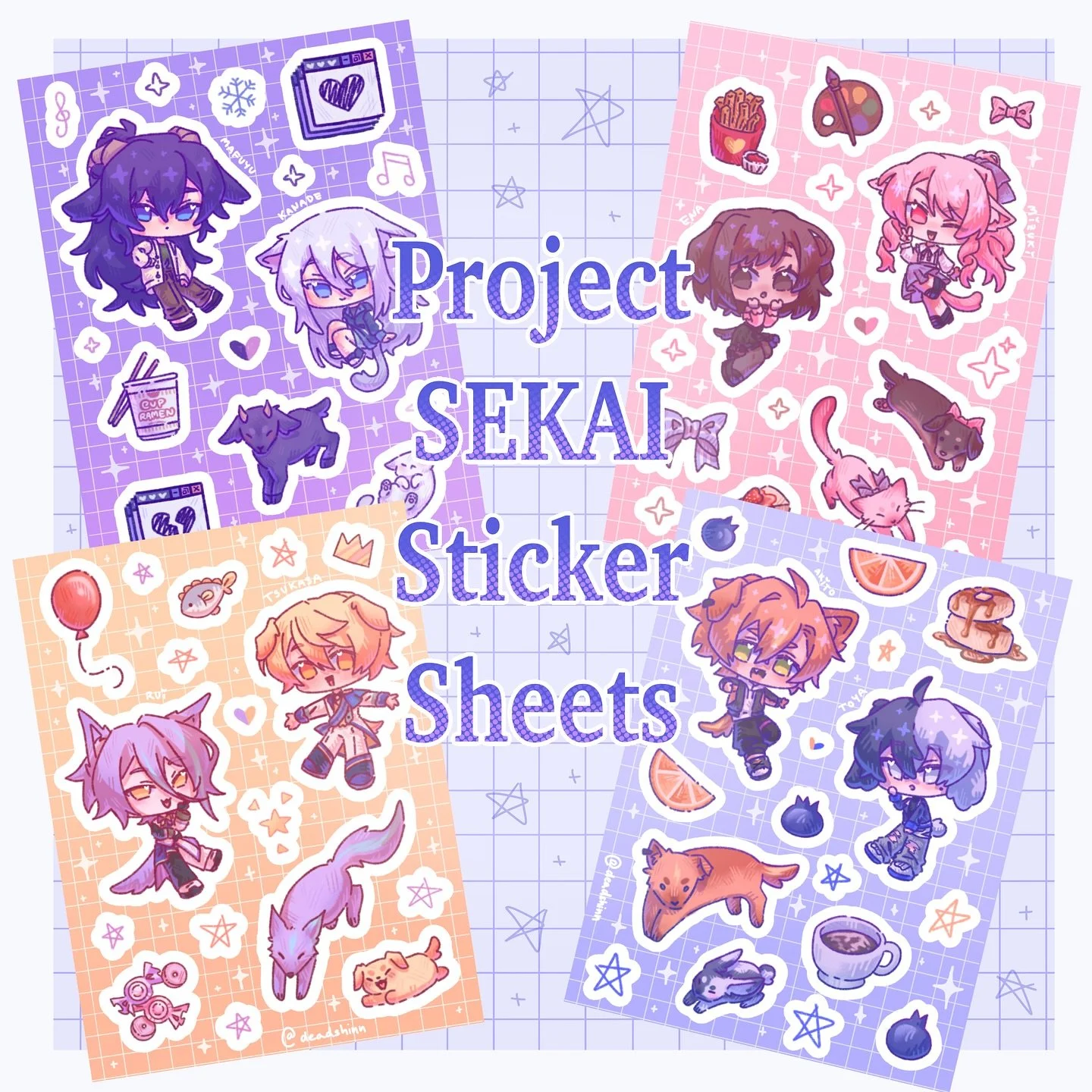 Project Sekai Sticker Sheets!

Available on my shop for preorders now!

✩ 15+ stickers per sheet on matte vinyl paper!
✩ 4.5in x 6in

The featured duos:
✩ German Shepard Akito &amp; Rabbit Toya
✩ Fox Rui &amp; Dog Tsukasa
✩ Siamese Cat Mizuki &amp; D