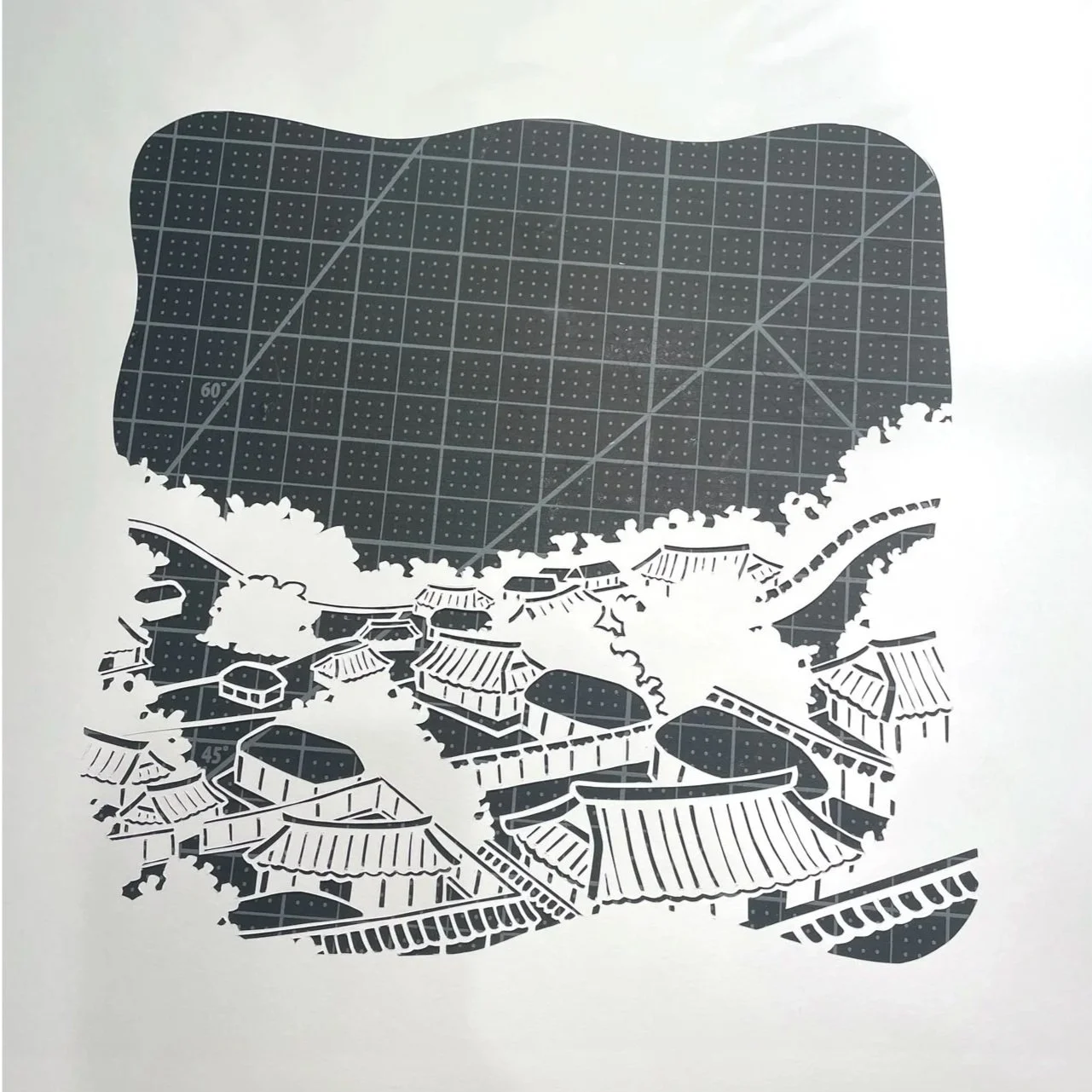 Layer 3: traditional village in the middle of a forest.