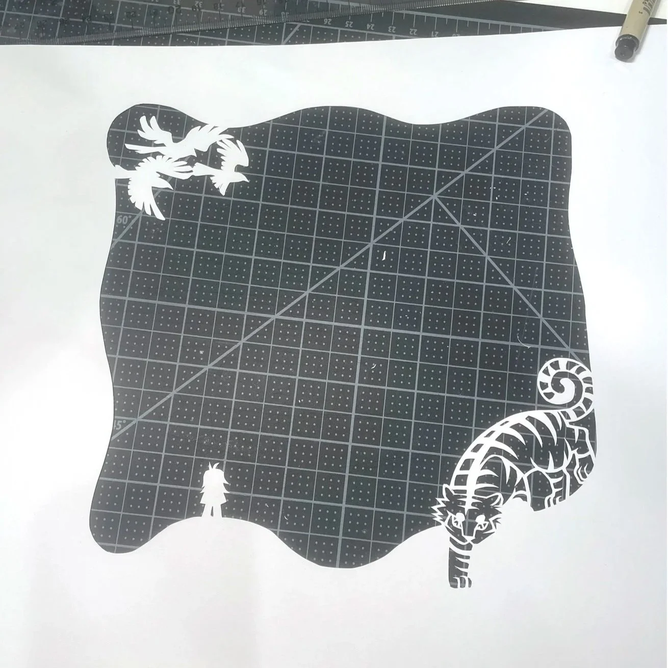 Layer 2: Magpies, tiger, and figure overlooking the landscape.