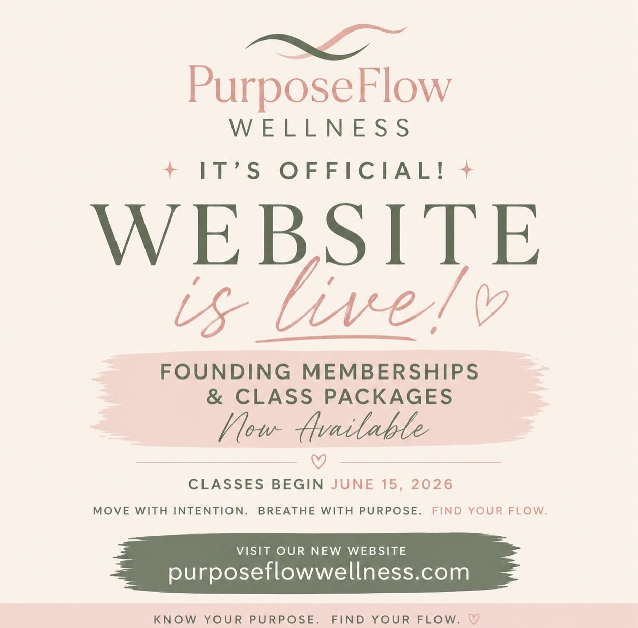 ✨ BIG NEWS! ✨

PurposeFlow Wellness is officially LIVE!

Founding Memberships and Class Packages are now available, and classes begin soon.

Thank you for following along on this journey. I can&rsquo;t wait to welcome you into the studio! 🤍

🌿 purp