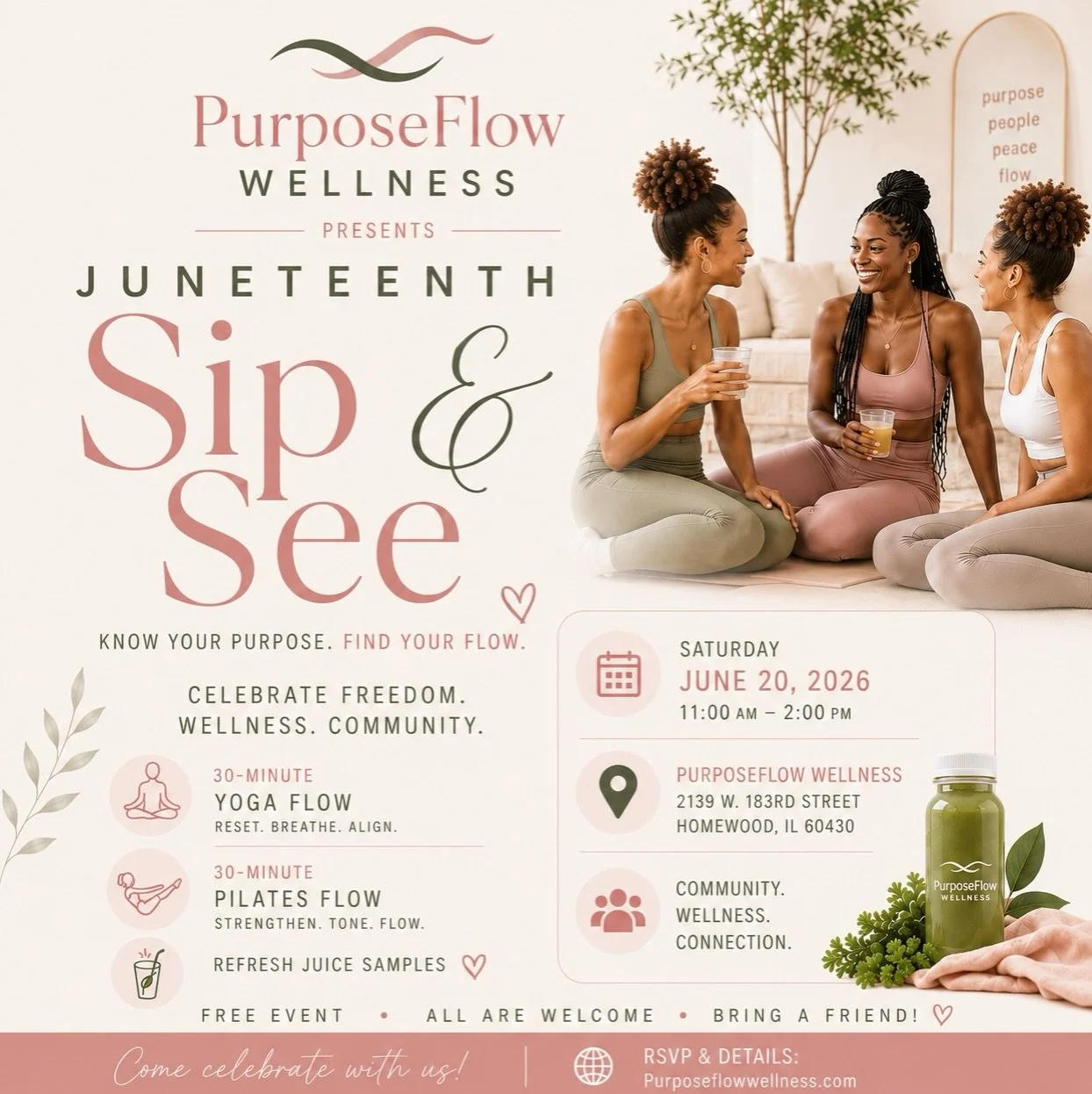 🌿✨ Join us for our Juneteenth Sip &amp; See! ✨🌿

Celebrate freedom, wellness, and community with us at PurposeFlow Wellness.

🧘🏽&zwj;♀️ Complimentary Yoga Flow
💪🏽 Complimentary Pilates Flow
🥤 Refreshing Juice Samples
🤍 Studio Tours &amp; Comm
