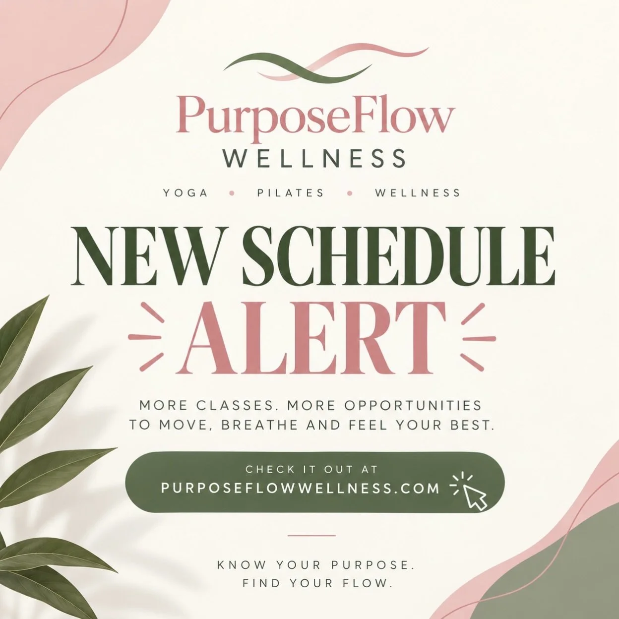 🚨 NEW SCHEDULE ALERT 🚨

PurposeFlow is growing, and so is our class schedule! 🌿✨

More Pilates. More Yoga. More opportunities to move, breathe, strengthen, and flow with us.

Whether you&rsquo;re an early riser, need a midday reset, or prefer an e