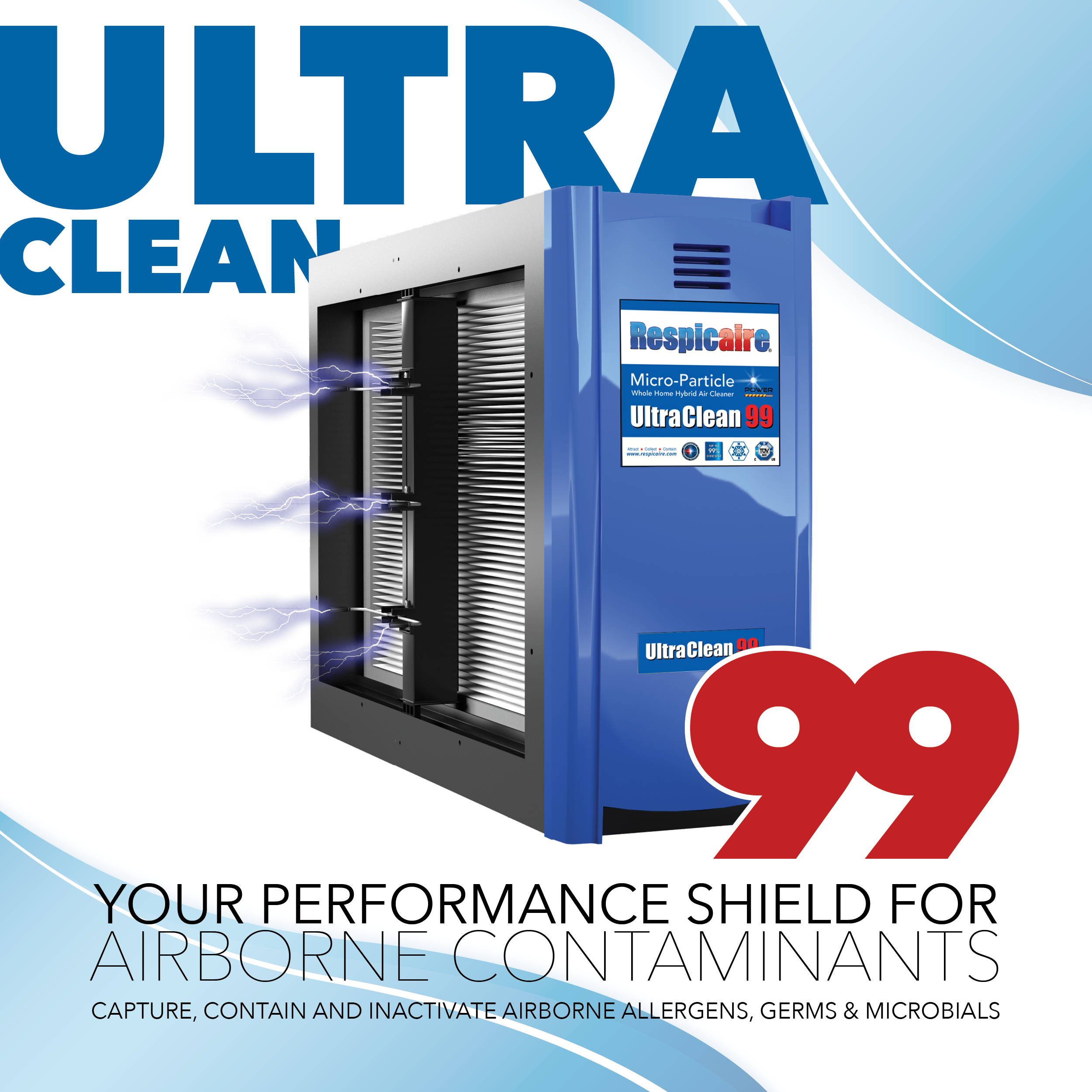 A blue air purifier with lightning effects on the side, advertising Ultra Clean air protection for airborne contaminants, with a large red '99' and a slogan about shielding performance against airborne germs and allergens.