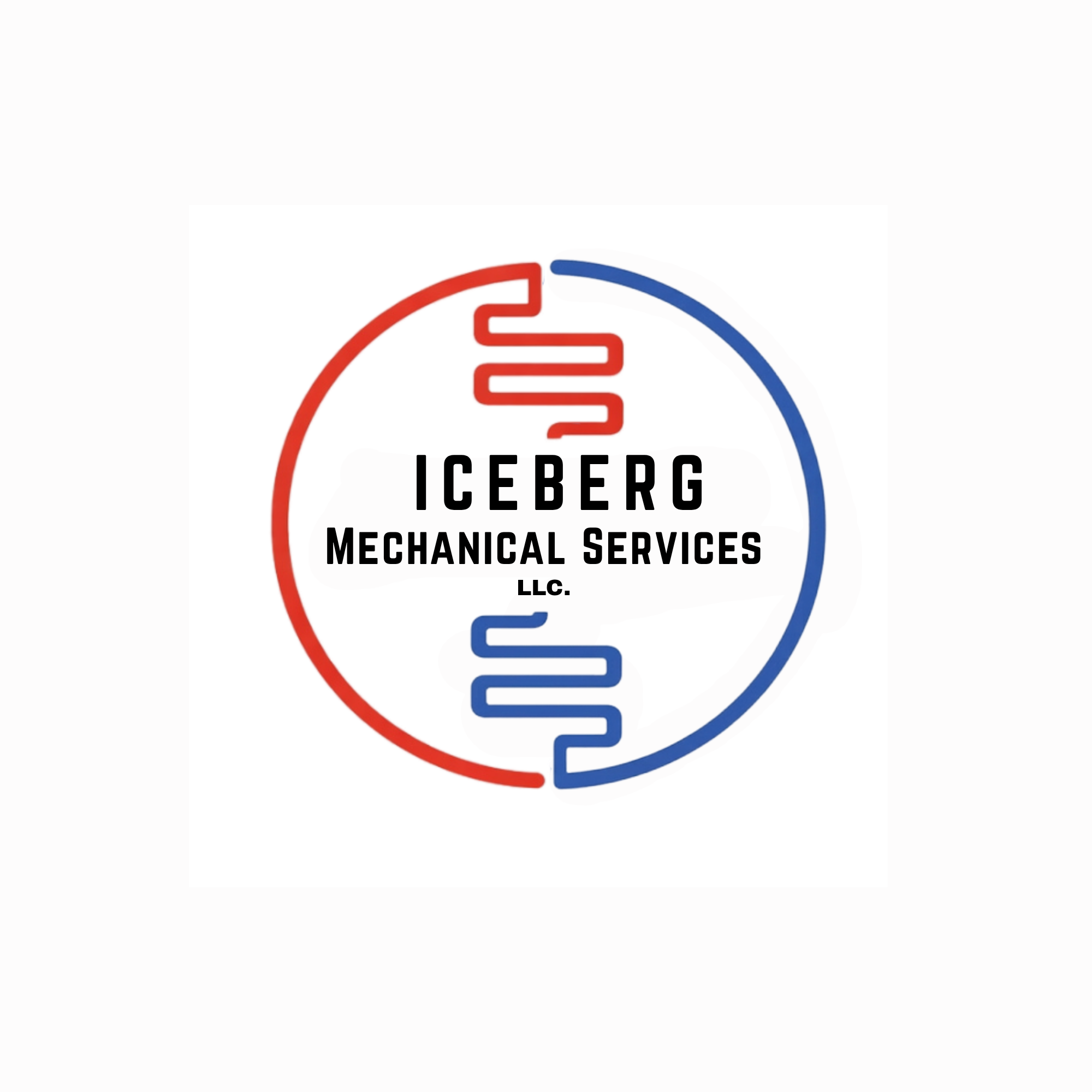 Logo for Iceberg Mechanical Services LLC featuring a circular design divided into red and blue halves with a black text overlay.