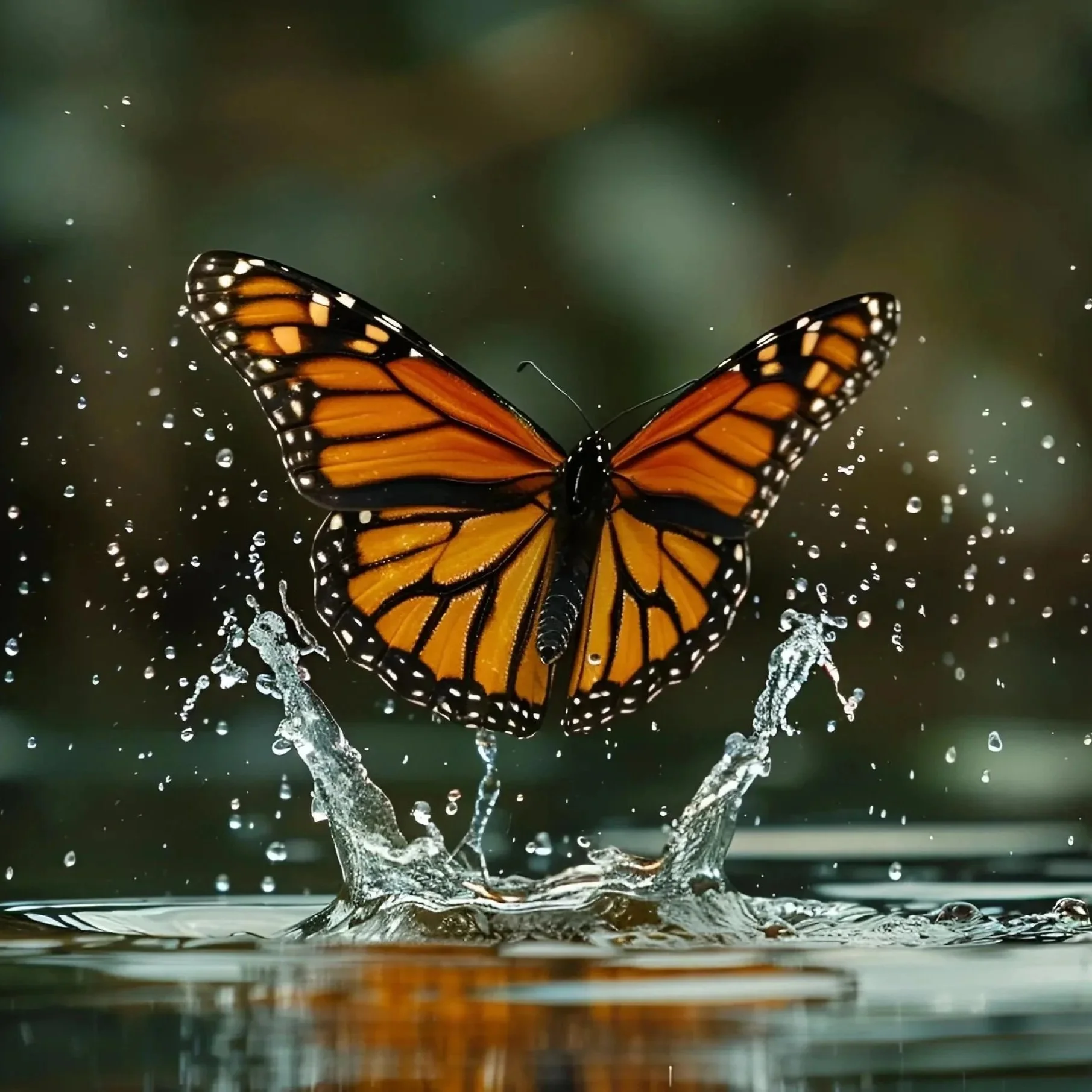 A Monarch butterfly taking off from water, creating splash and droplets in midair.