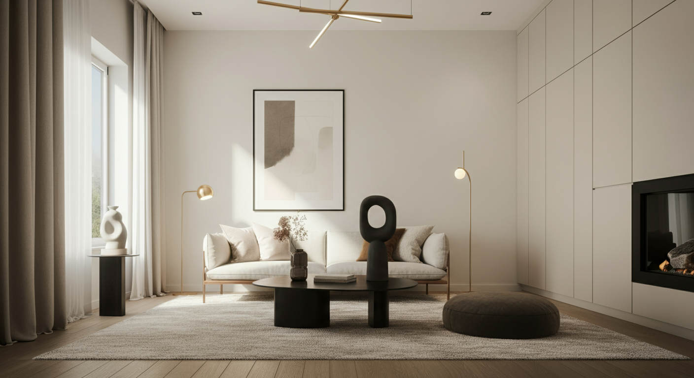 Modern living room with white sofa, abstract artwork, black and gold decorative items on a round coffee table, and neutral-colored cushions. Large window with beige curtains, a textured rug, and minimalist lighting fixtures. White built-in cabinetry and a fireplace on the right side.